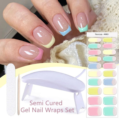 Harunouta 4pcs/set French Semi Cured Gel Nail Strips with Nail Lamp