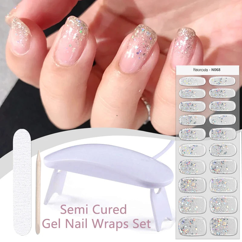 Harunouta 4pcs/set French Semi Cured Gel Nail Strips with Nail Lamp