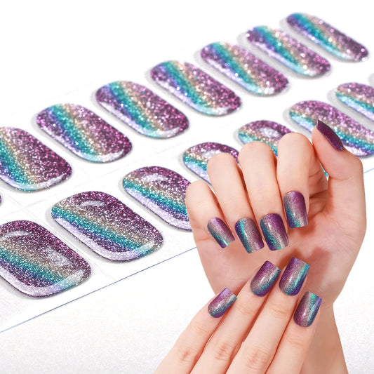 16 Tips Gradient Semi Cured Gel Nail Strips Shinning Cat Eye