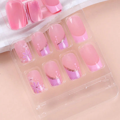 24 pcs Short Square French Simple Flower Nails