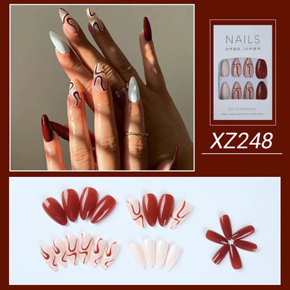 24Pc Simple French Medium length False Nails with Rhinestone