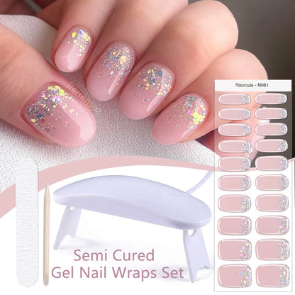 Harunouta 4pcs/set French Semi Cured Gel Nail Strips with Nail Lamp