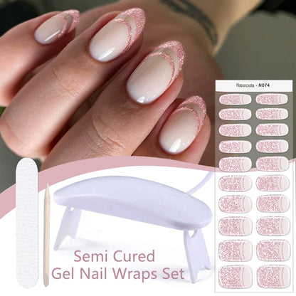 Harunouta 4pcs/set French Semi Cured Gel Nail Strips with Nail Lamp