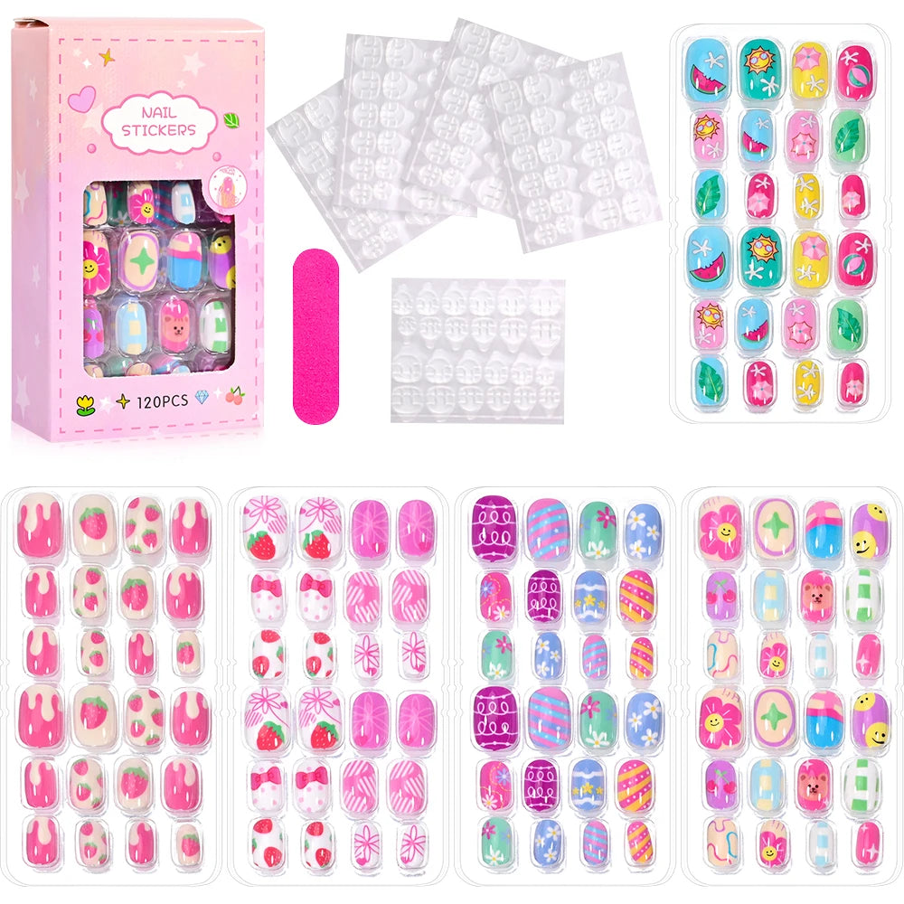 120 Pcs Children's Press on Nails Kids Cartoon Acrylic Fake Nails Tips
