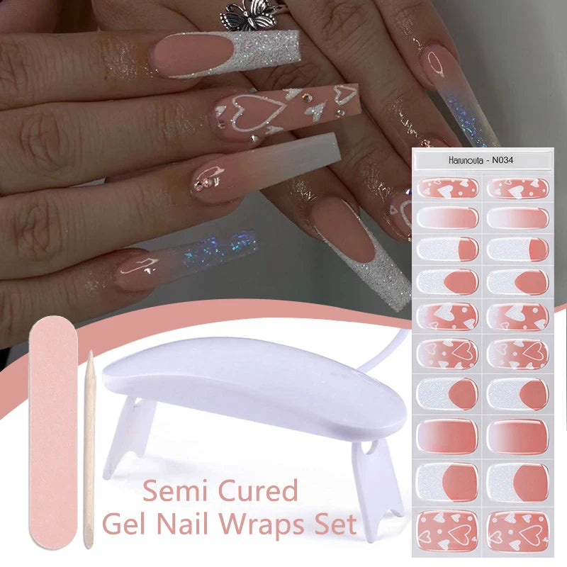 4pcs/set Sparkling Semi Cured Gel Nail Strips with Nail Dry Holographics