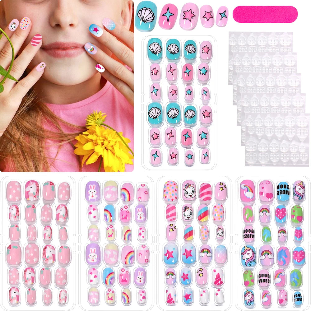 120 Pcs Children's Press on Nails Kids Cartoon Acrylic Fake Nails Tips
