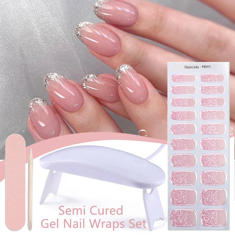 Harunouta 4pcs/set French Semi Cured Gel Nail Strips with Nail Lamp