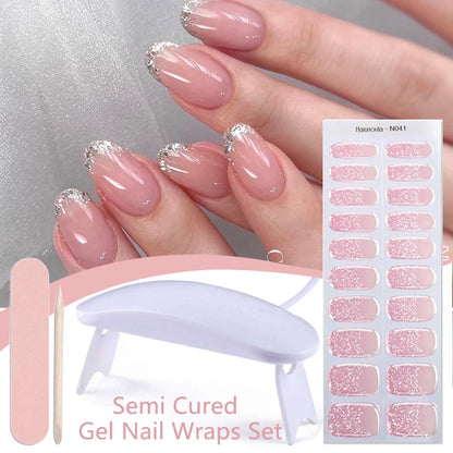 Harunouta 4pcs/set French Semi Cured Gel Nail Strips with Nail Lamp