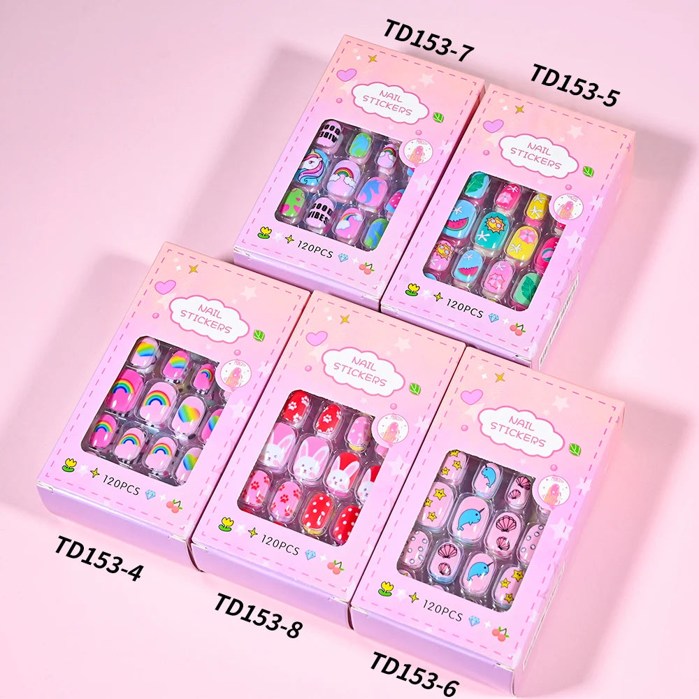 120 Pcs Children's Press on Nails Kids Cartoon Acrylic Fake Nails Tips
