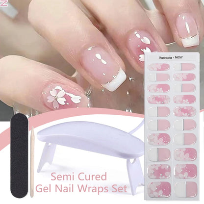 Harunouta 4pcs/set French Semi Cured Gel Nail Strips with Nail Lamp