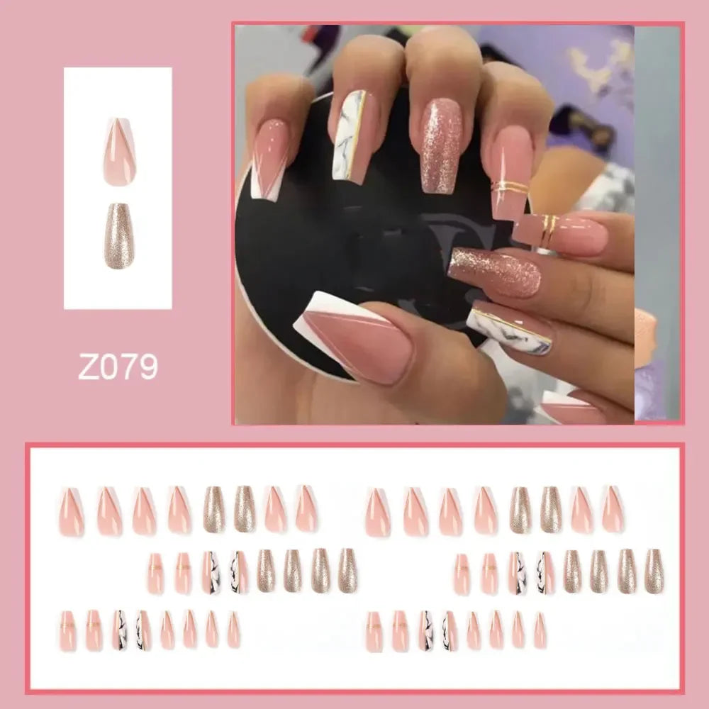 24Pc Simple French Medium length False Nails with Rhinestone