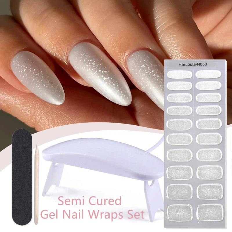 Harunouta 4pcs/set French Semi Cured Gel Nail Strips with Nail Lamp
