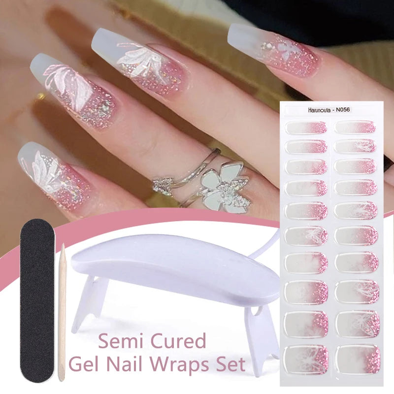 Harunouta 4pcs/set French Semi Cured Gel Nail Strips with Nail Lamp