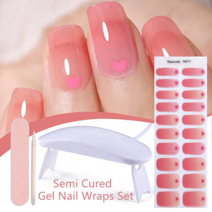 Harunouta 4pcs/set French Semi Cured Gel Nail Strips with Nail Lamp