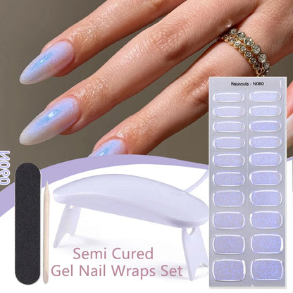 Harunouta 4pcs/set French Semi Cured Gel Nail Strips with Nail Lamp