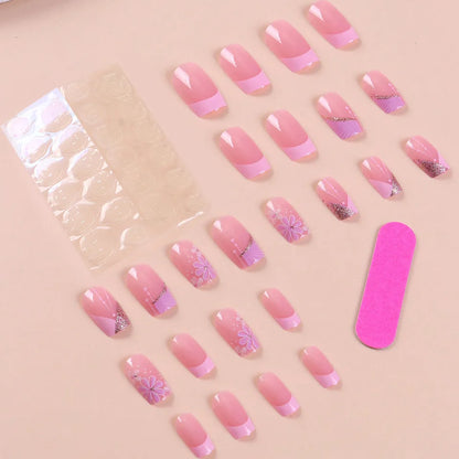 24 pcs Short Square French Simple Flower Nails