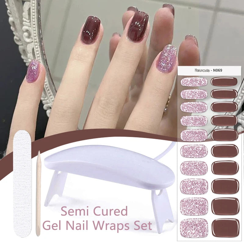 Harunouta 4pcs/set French Semi Cured Gel Nail Strips with Nail Lamp