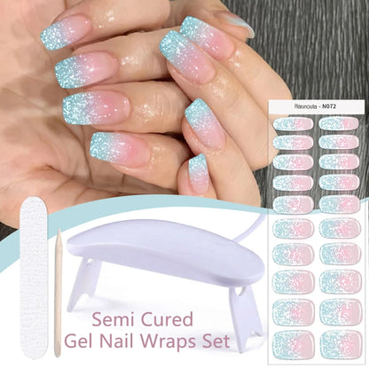Harunouta 4pcs/set French Semi Cured Gel Nail Strips with Nail Lamp