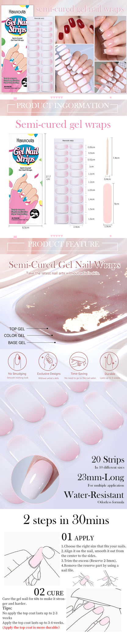 1 Sheet White French Semi-Cured Gel Nail Strips