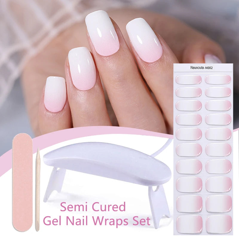 Harunouta 4pcs/set French Semi Cured Gel Nail Strips with Nail Lamp