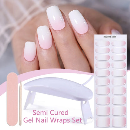 Harunouta 4pcs/set French Semi Cured Gel Nail Strips with Nail Lamp