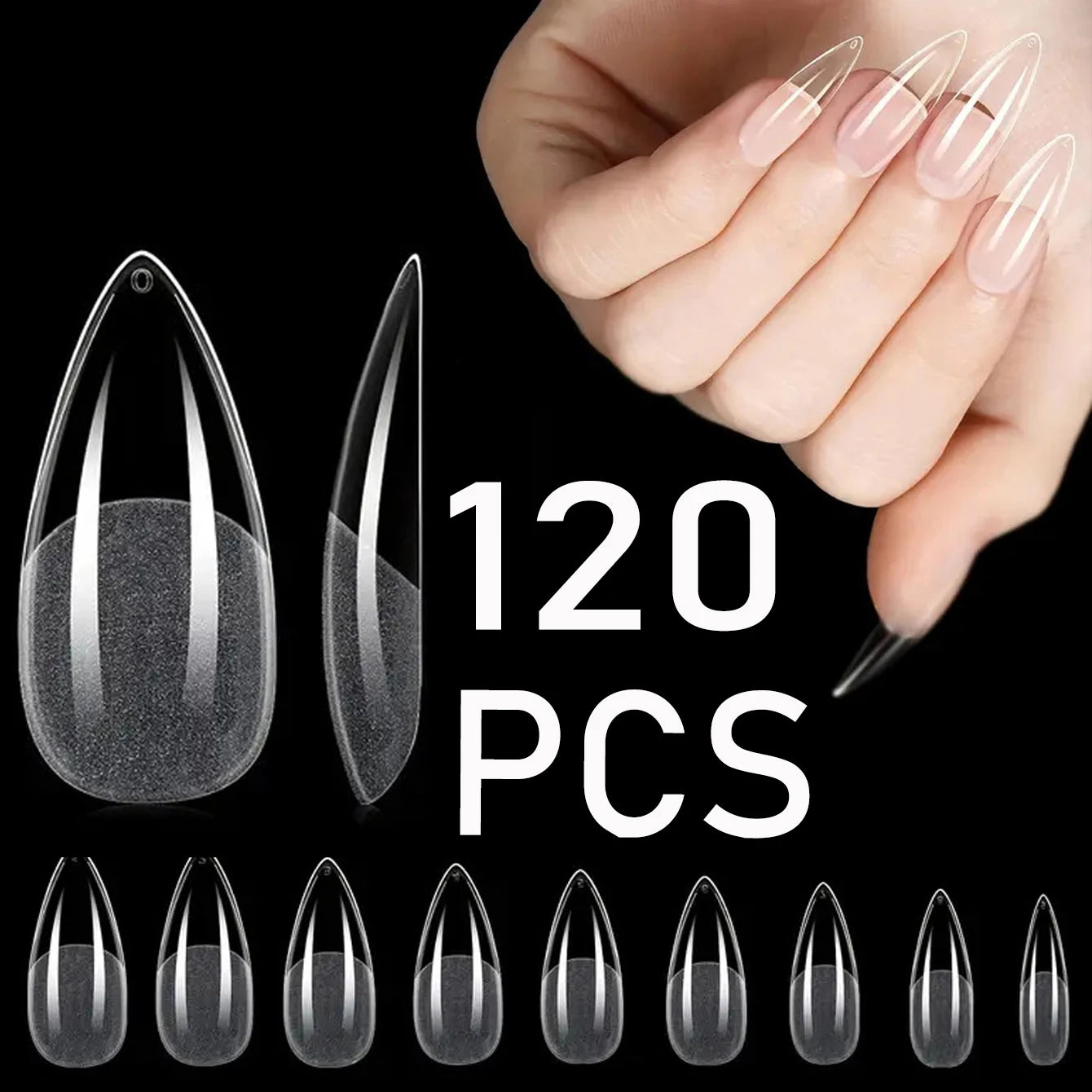 120Pcs Long Clear Various Size Nail Tips for Acrylic Nails