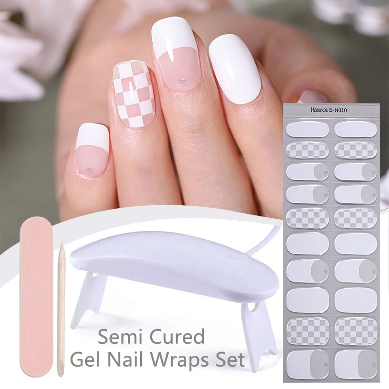 Harunouta 4pcs/set French Semi Cured Gel Nail Strips with Nail Lamp