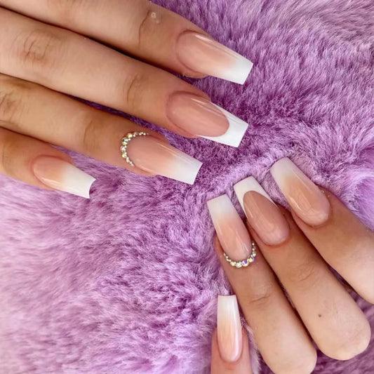 24Pc Simple French Medium length False Nails with Rhinestone