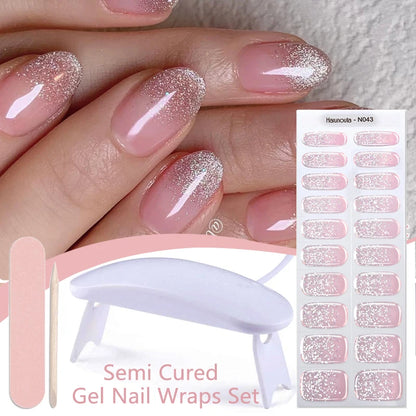 Harunouta 4pcs/set French Semi Cured Gel Nail Strips with Nail Lamp