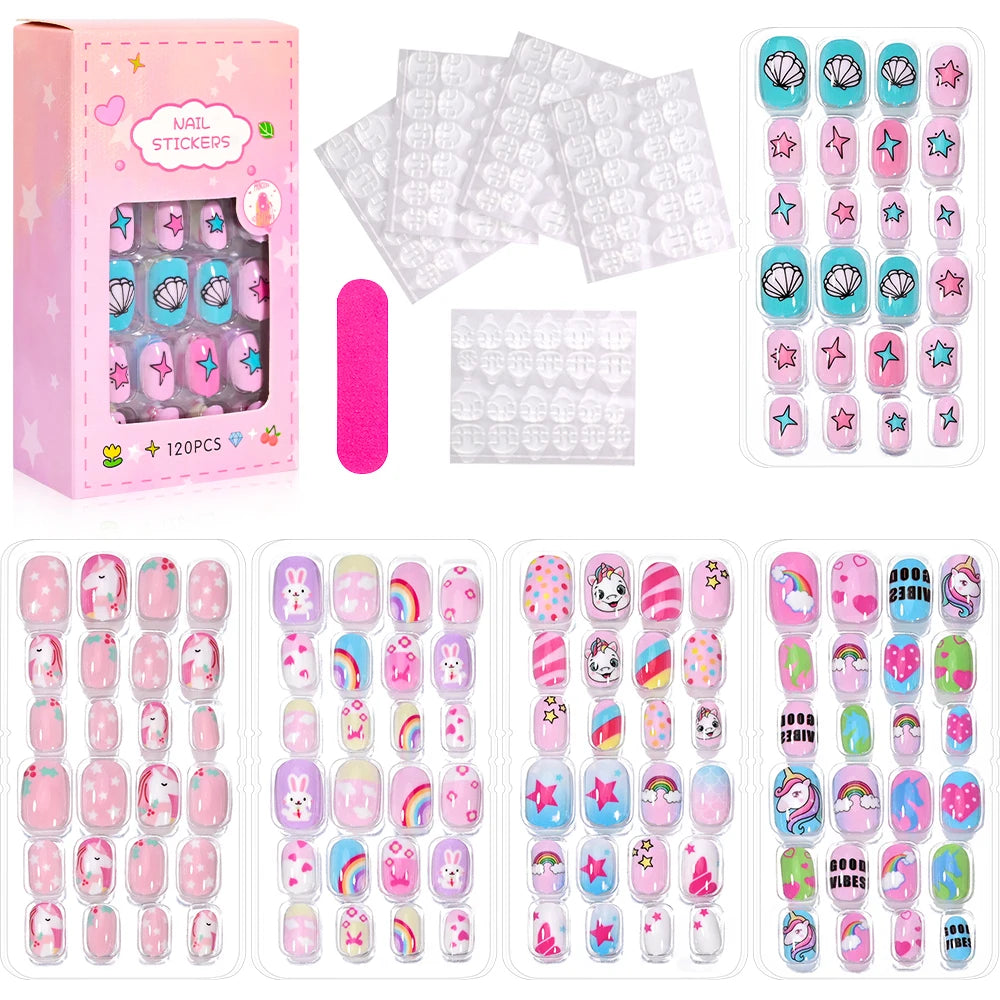 120 Pcs Children's Press on Nails Kids Cartoon Acrylic Fake Nails Tips