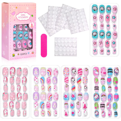 120 Pcs Children's Press on Nails Kids Cartoon Acrylic Fake Nails Tips