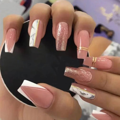 24Pc Simple French Medium length False Nails with Rhinestone