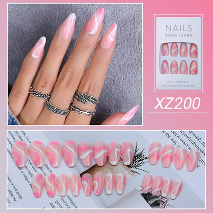 24Pc Simple French Medium length False Nails with Rhinestone