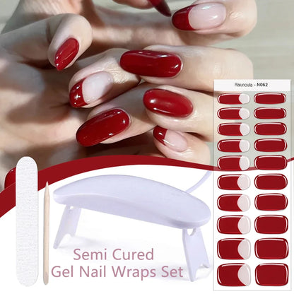 Harunouta 4pcs/set French Semi Cured Gel Nail Strips with Nail Lamp