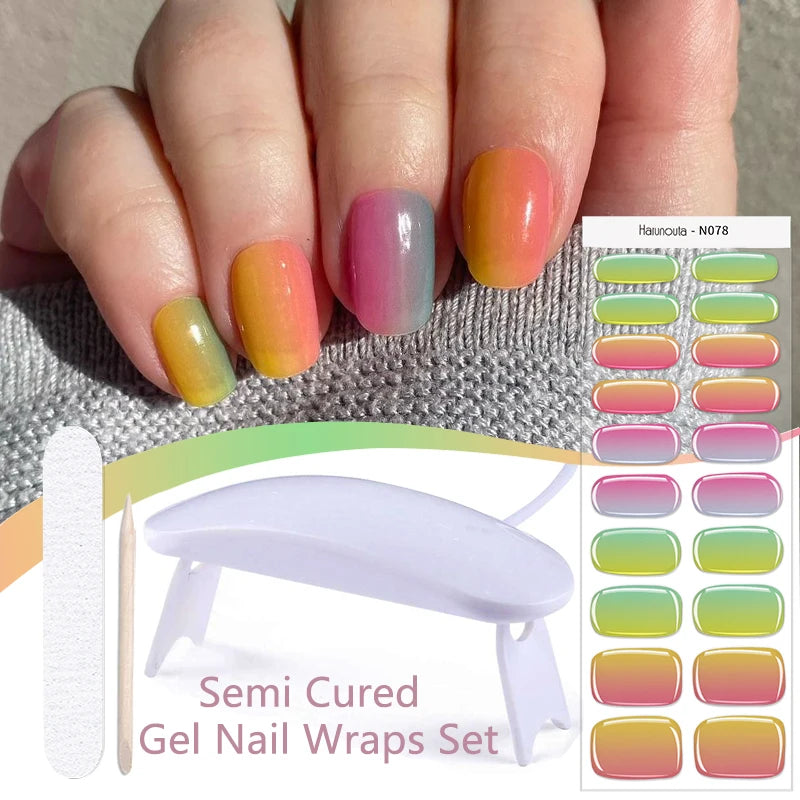 Harunouta 4pcs/set French Semi Cured Gel Nail Strips with Nail Lamp