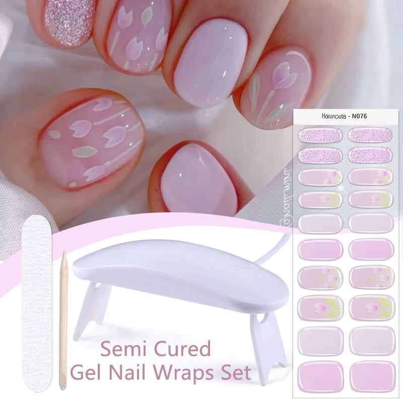 Harunouta 4pcs/set French Semi Cured Gel Nail Strips with Nail Lamp