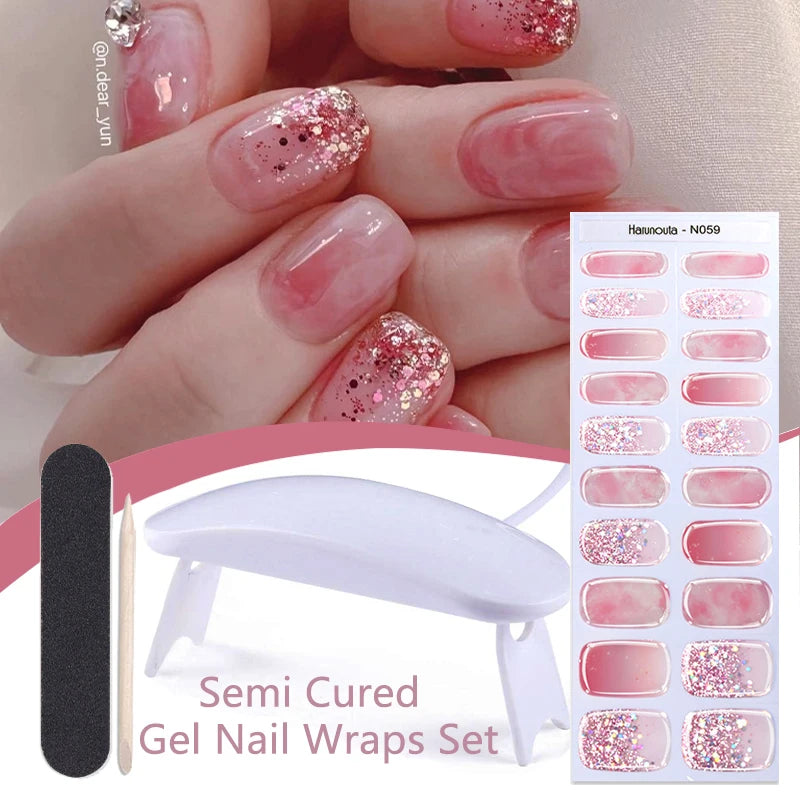 Harunouta 4pcs/set French Semi Cured Gel Nail Strips with Nail Lamp