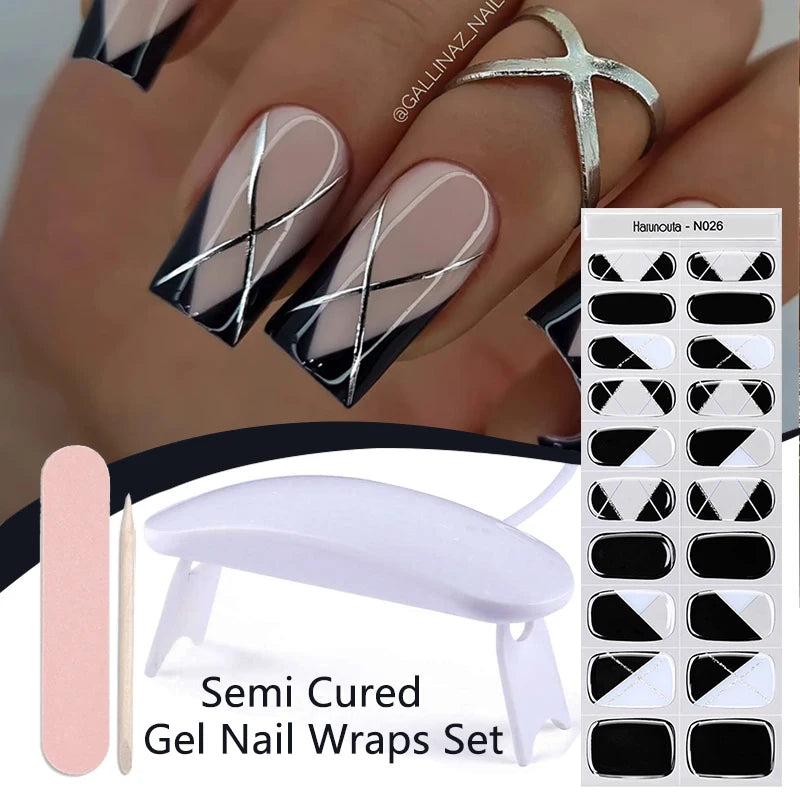 Harunouta 4pcs/set French Semi Cured Gel Nail Strips with Nail Lamp