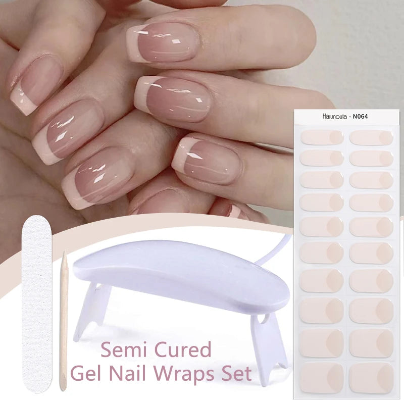 Harunouta 4pcs/set French Semi Cured Gel Nail Strips with Nail Lamp