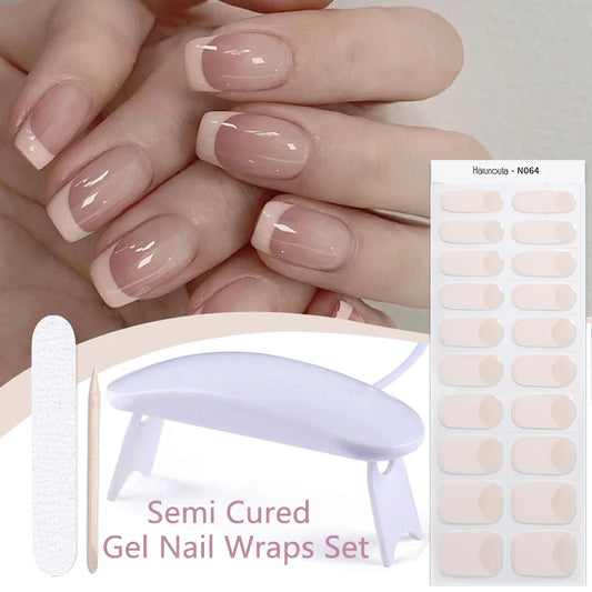 Harunouta 4pcs/set French Semi Cured Gel Nail Strips with Nail Lamp