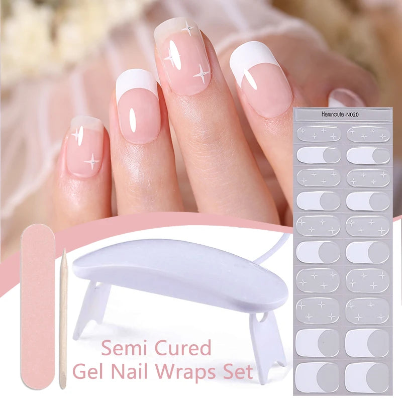 Harunouta 4pcs/set French Semi Cured Gel Nail Strips with Nail Lamp