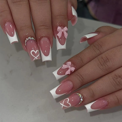 24pc Chic Bow Adorned Press On Nails Medium Long False Nails