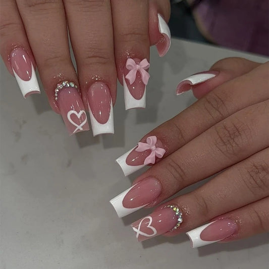 24pc Chic Bow Adorned Press On Nails Medium Long False Nails