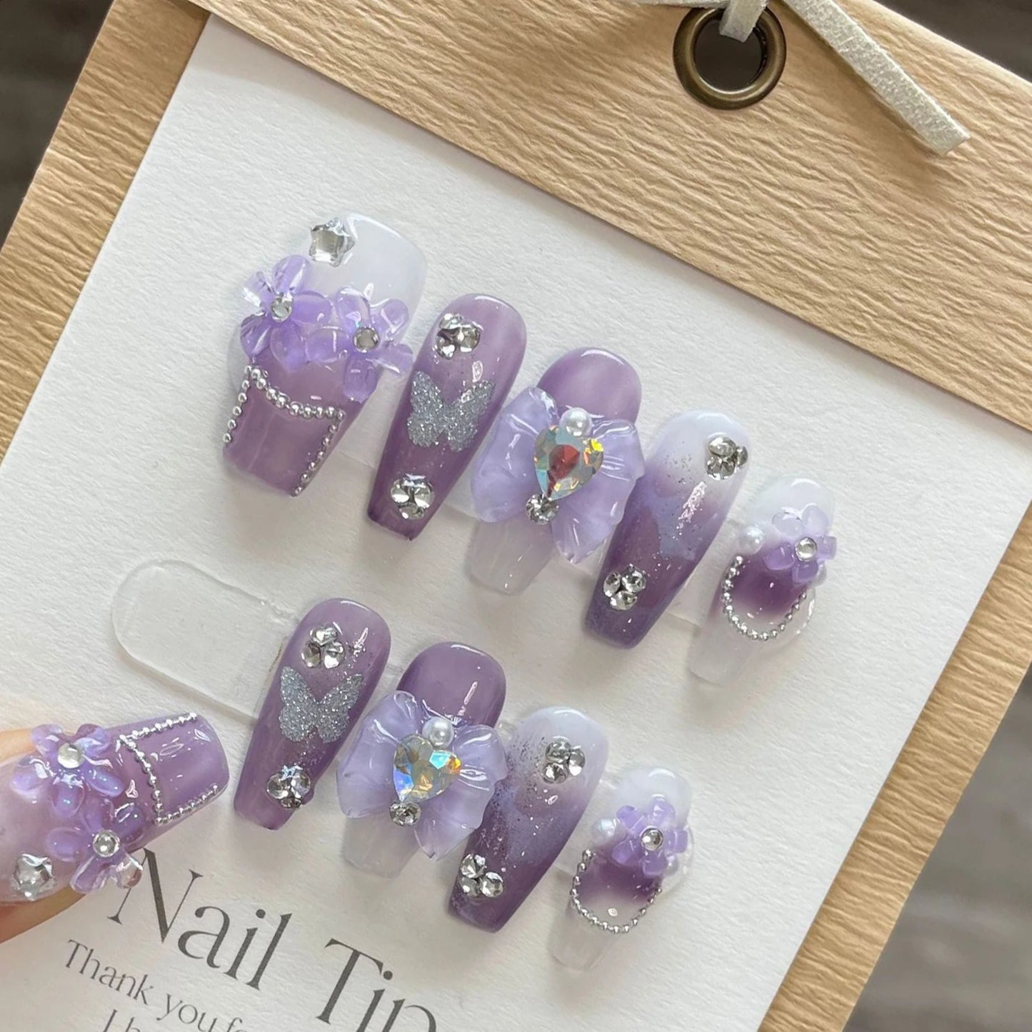 Purple Handmade Nails 3D Flower Butterfly Designs Long Ballerina Press on Nails with Rhinestones