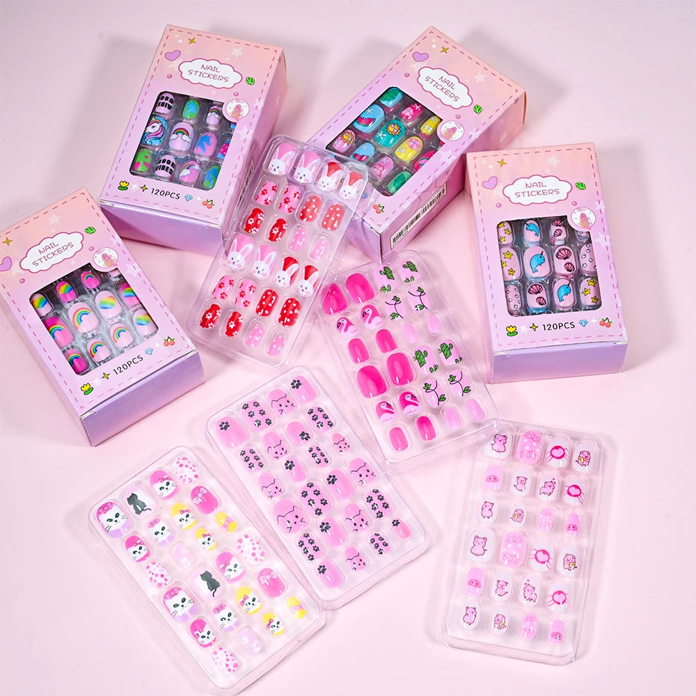 120 Pcs Children's Press on Nails Kids Cartoon Acrylic Fake Nails Tips