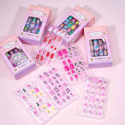 120 Pcs Children's Press on Nails Kids Cartoon Acrylic Fake Nails Tips
