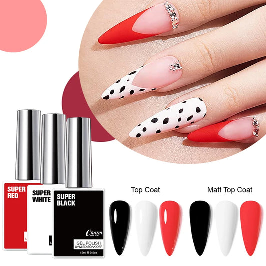 Charm 15ml Classic Gel Nail Polish Vibrant Black, White, and Red Shades