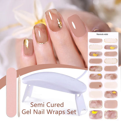 Harunouta 4pcs/set French Semi Cured Gel Nail Strips with Nail Lamp