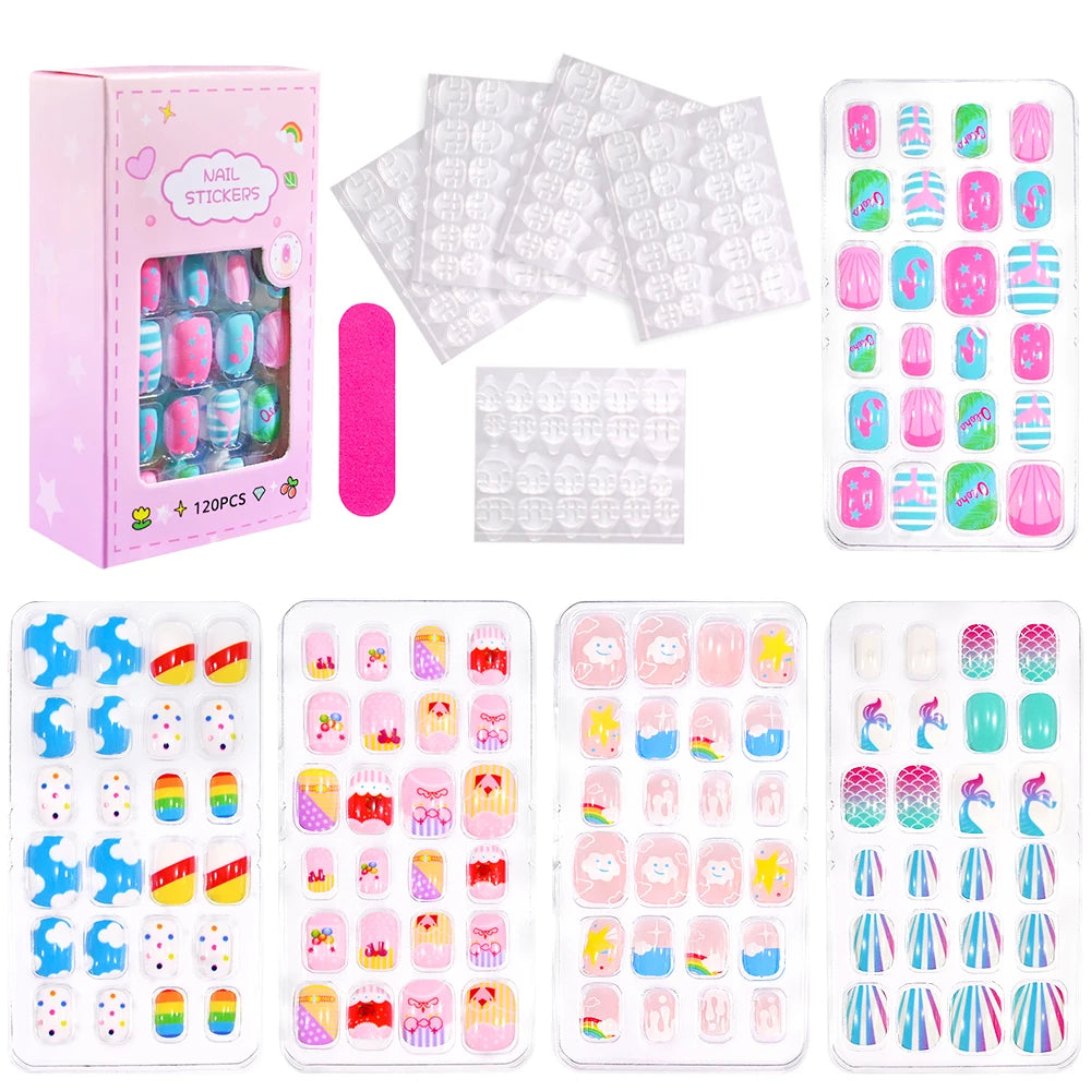 120 Pcs Children's Press on Nails Kids Cartoon Acrylic Fake Nails Tips