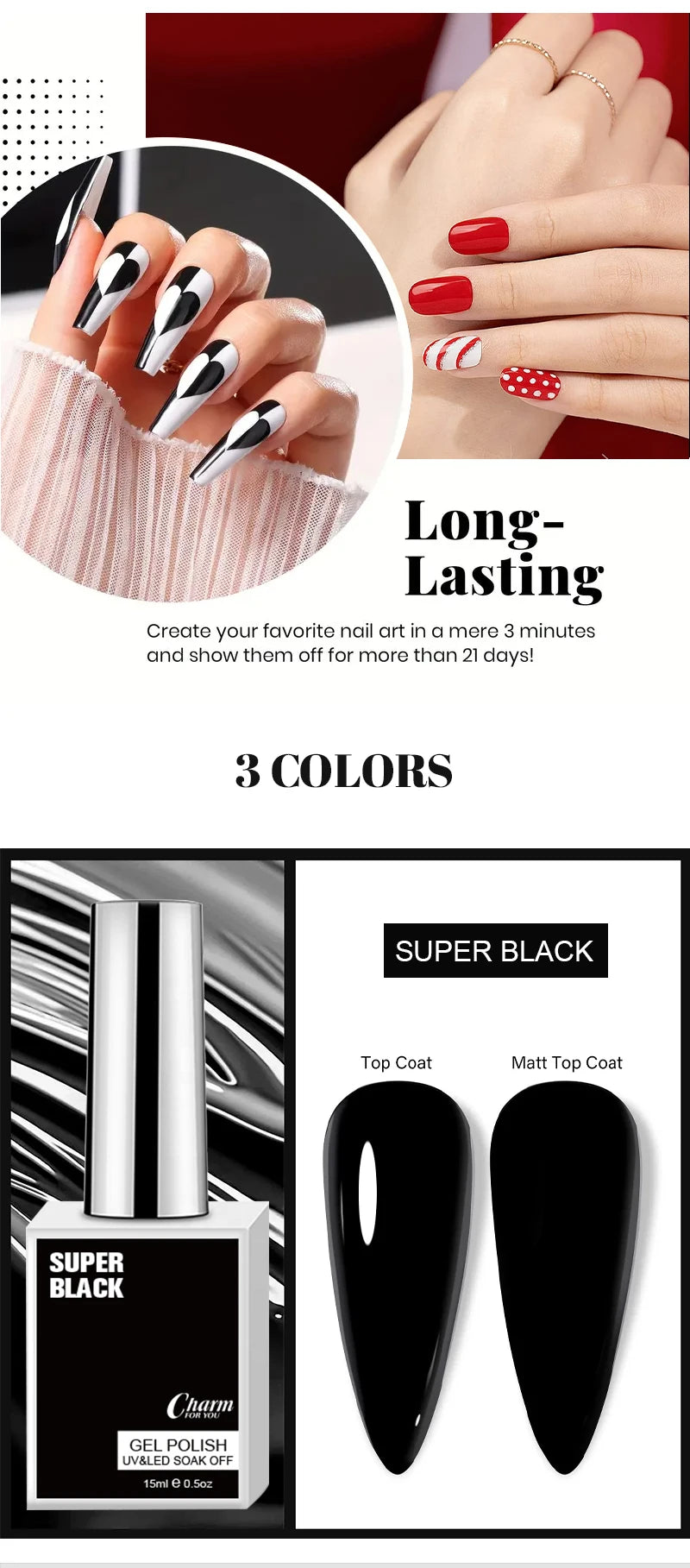 Charm 15ml Classic Gel Nail Polish Vibrant Black, White, and Red Shades